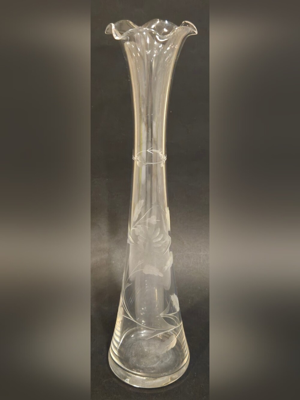 Vintage Hand Blown Clear Etched Glass Bud Vase - Elegant Flower Design